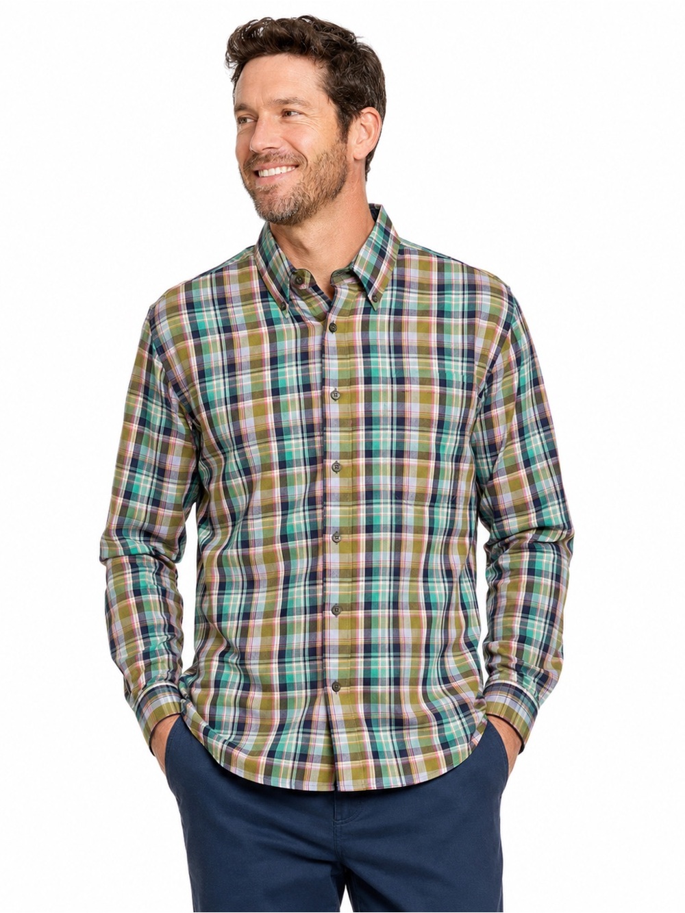 Alan Flusser Men’s Large Plaid Madras Shirt Green Blue Pink 100% Cotton